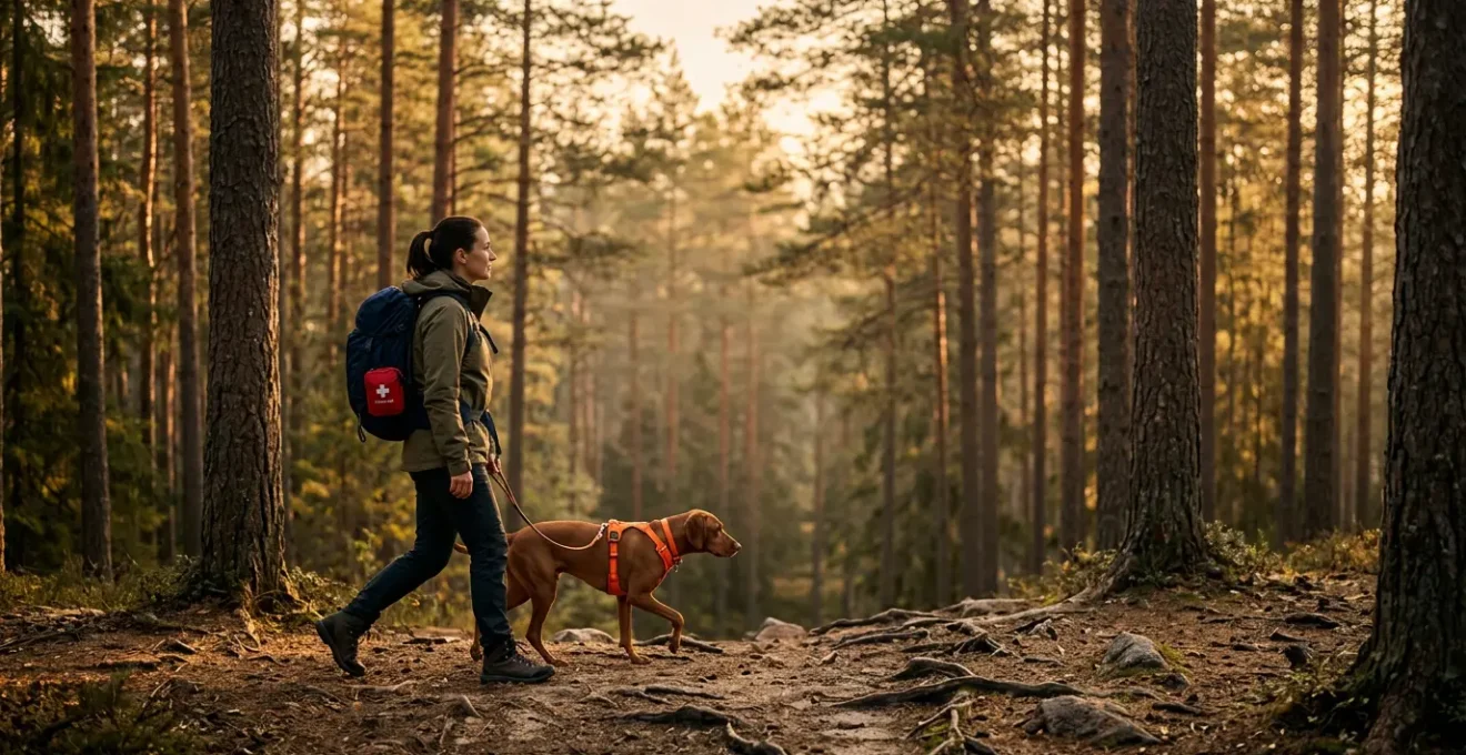 Chien en randonnée dans une forêt avec équipement de protection et son propriétaire