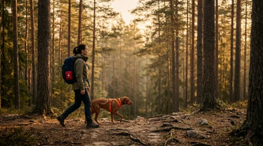 Chien en randonnée dans une forêt avec équipement de protection et son propriétaire