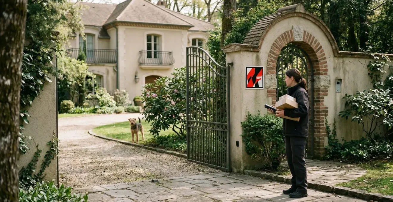 Scène montrant un livreur face à un portail d'entrée avec un chien visible dans le jardin en arrière-plan