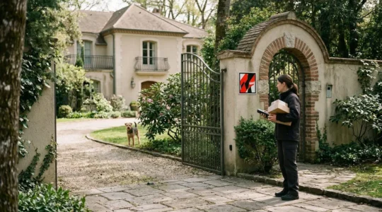 Scène montrant un livreur face à un portail d'entrée avec un chien visible dans le jardin en arrière-plan