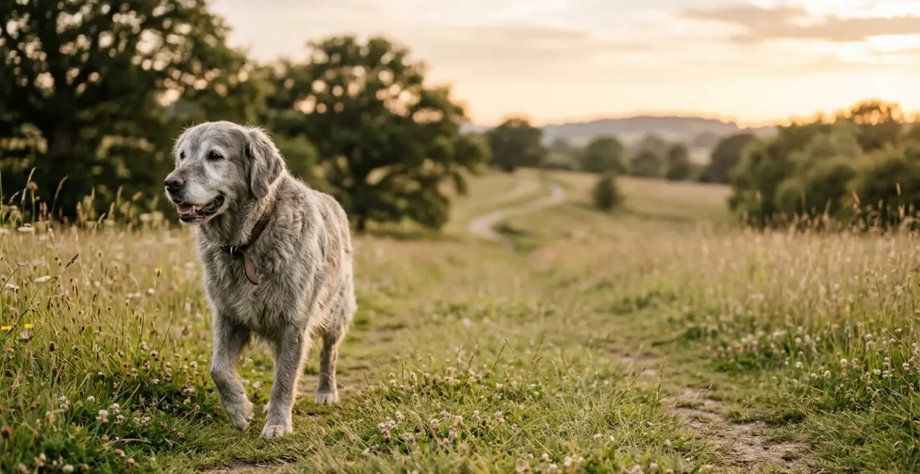Chien âgé en pleine forme dans un environnement naturel, montrant sa vitalité malgré son âge avancé
