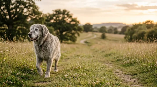 Chien âgé en pleine forme dans un environnement naturel, montrant sa vitalité malgré son âge avancé