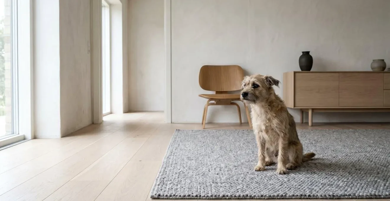 Chien anxieux seul dans piece vide lumiere naturelle fenetre expression inquietude surveillance comportementale