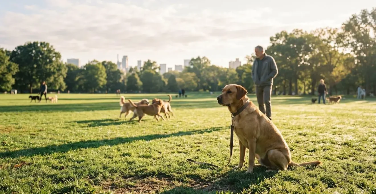 Chien calme et socialisé dans un parc après thérapie comportementale réussie