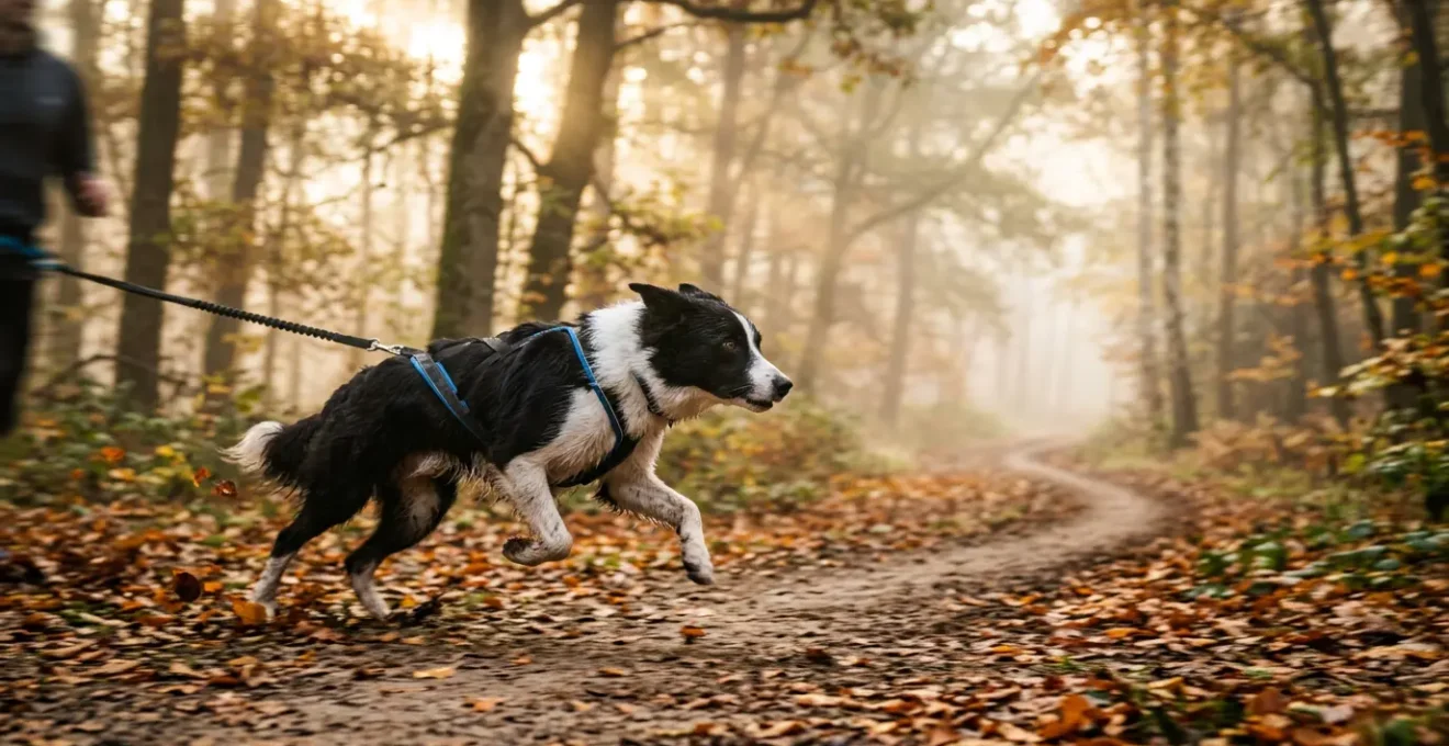Chien athlétique en pleine course de canicross dans une forêt avec harnais spécialisé