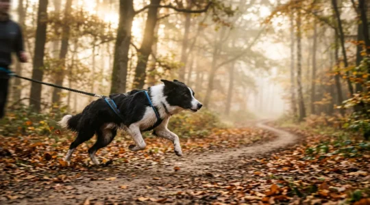 Chien athlétique en pleine course de canicross dans une forêt avec harnais spécialisé