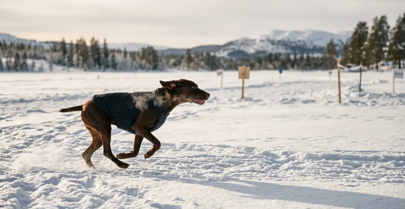 Chien sportif en tenue thermique dans un environnement hivernal de compétition