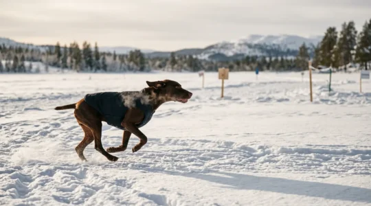 Chien sportif en tenue thermique dans un environnement hivernal de compétition