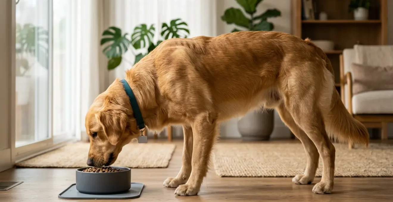 Chien athlétique stérilisé avec musculature définie mangeant dans une gamelle, éclairage naturel