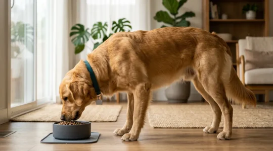 Chien athlétique stérilisé avec musculature définie mangeant dans une gamelle, éclairage naturel
