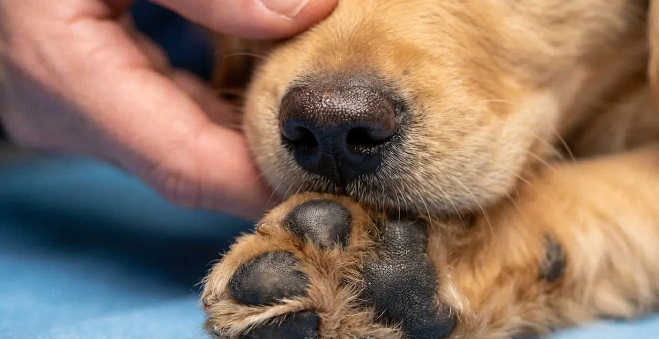 Très gros plan sur la truffe et les coussinets d'un chiot lors d'un examen