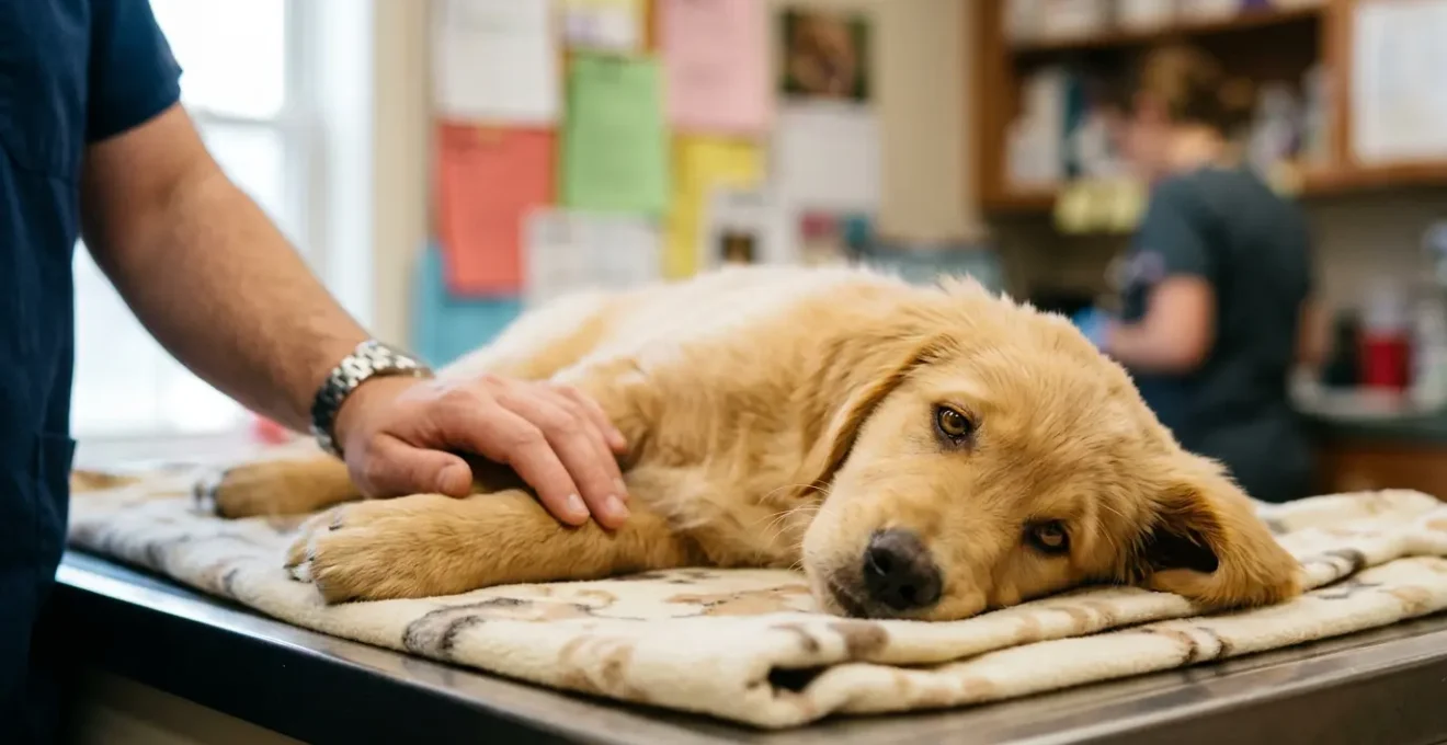 Chiot couché avec des documents juridiques flous en arrière-plan et la main d'un propriétaire le caressant