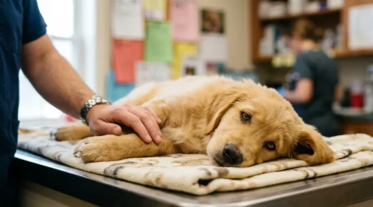 Chiot couché avec des documents juridiques flous en arrière-plan et la main d'un propriétaire le caressant