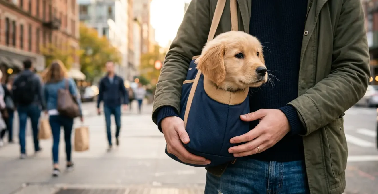 Jeune chiot golden retriever découvrant l'environnement urbain en toute sécurité depuis un sac de transport