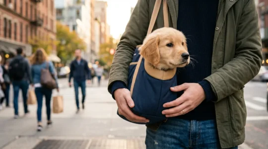 Jeune chiot golden retriever découvrant l'environnement urbain en toute sécurité depuis un sac de transport