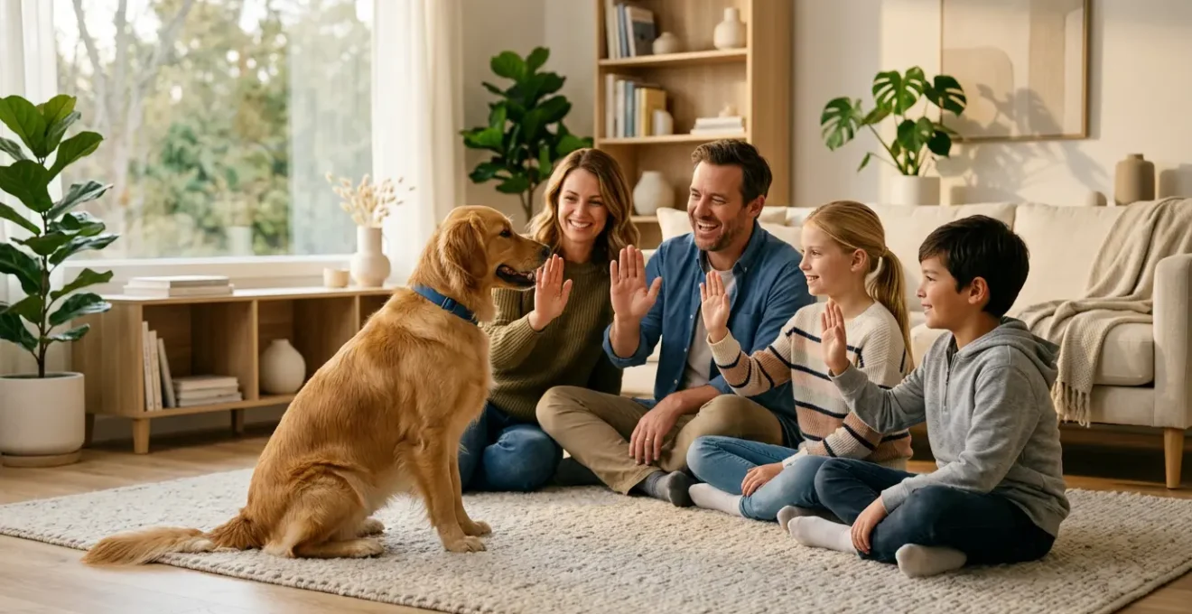 Famille avec enfants et parents éduquant ensemble un chien dans le salon avec cohérence et méthode positive