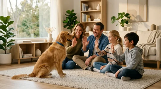 Famille avec enfants et parents éduquant ensemble un chien dans le salon avec cohérence et méthode positive