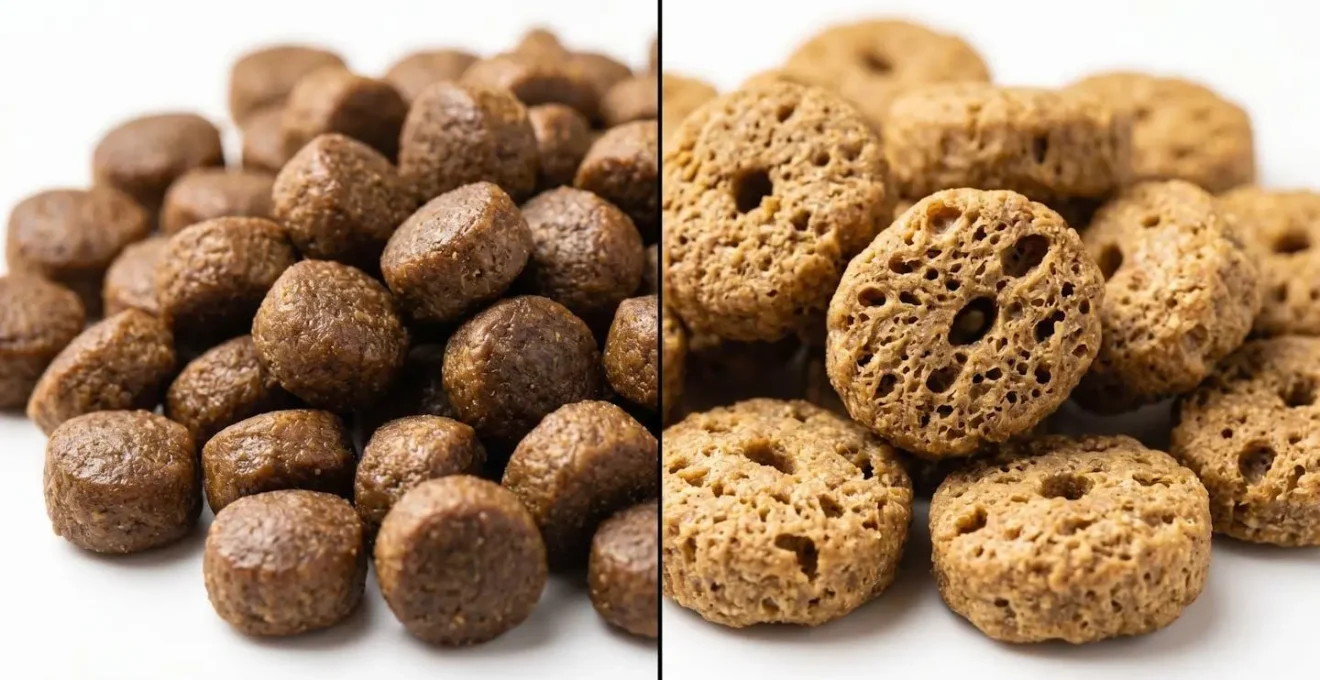 Comparaison visuelle entre croquettes standard et senior montrant la différence de densité