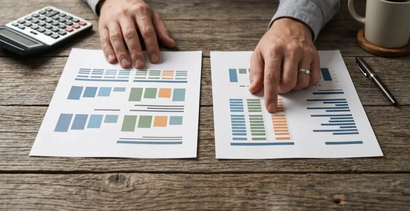 Mains comparant des documents d'assurance sur un bureau avec calculatrice