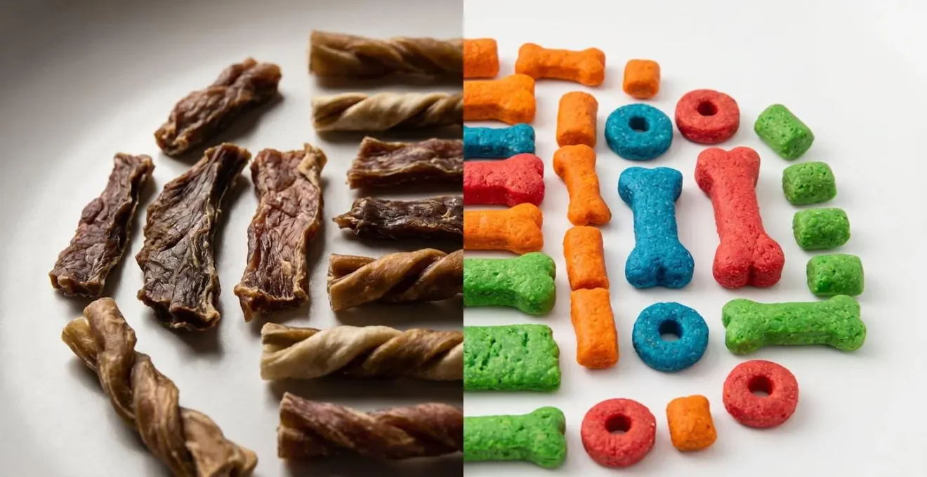Comparaison visuelle entre des friandises naturelles à base de viande séchée et des friandises industrielles très colorées pour chien