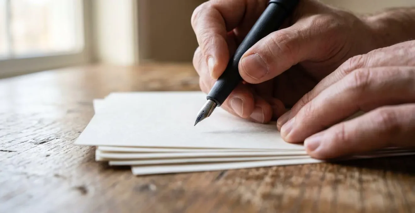 Mains tenant un stylo au-dessus de documents sur une table en bois