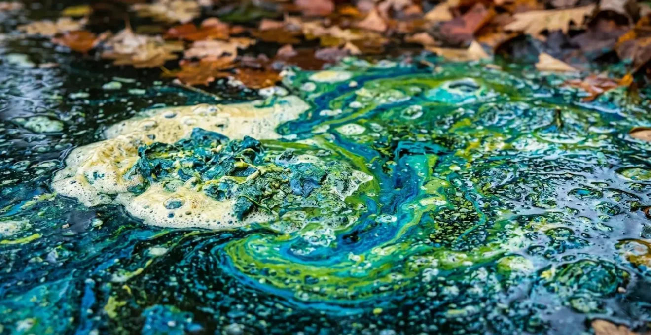 Eau stagnante avec cyanobactéries visibles en surface, représentant un danger mortel pour les chiens.