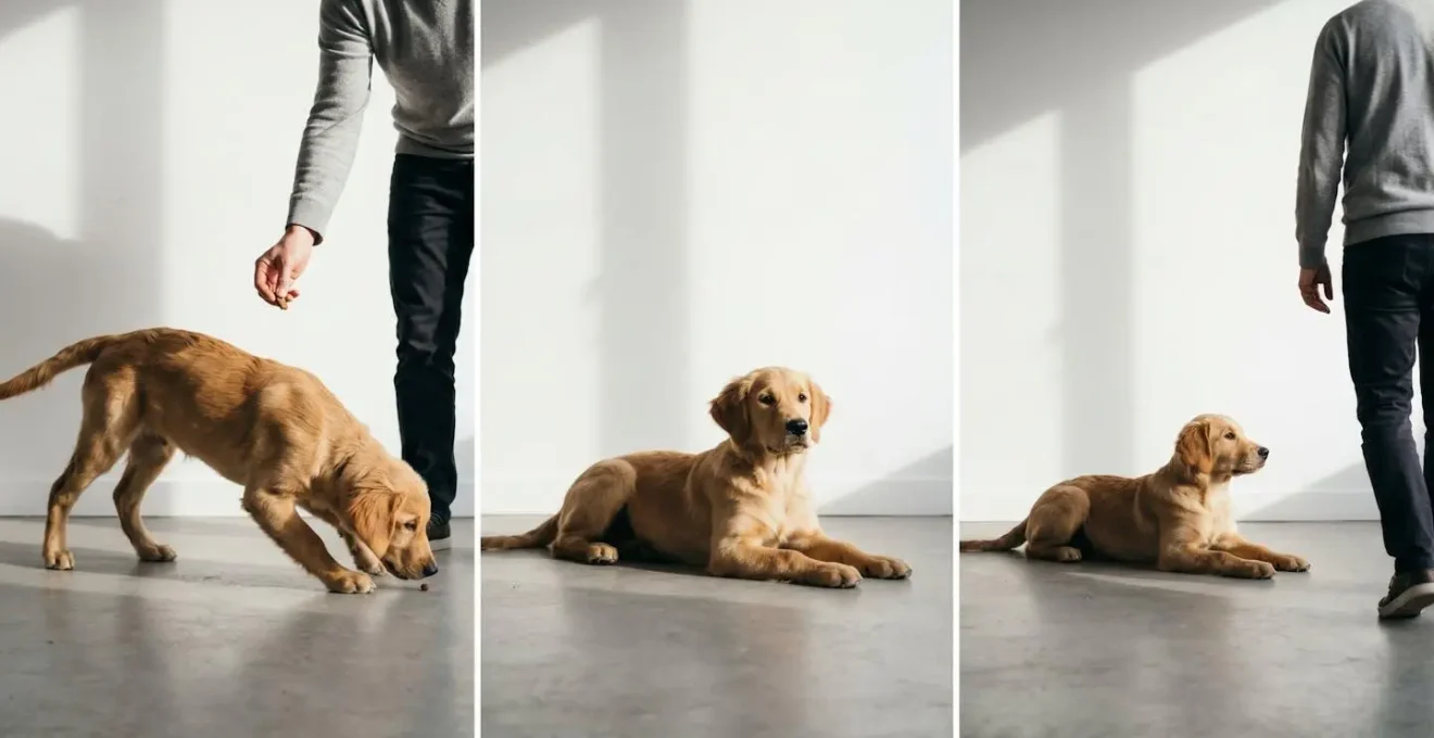 Chiot en position couché avec propriétaire montrant un geste de patience, illustrant le découpage de l'apprentissage.