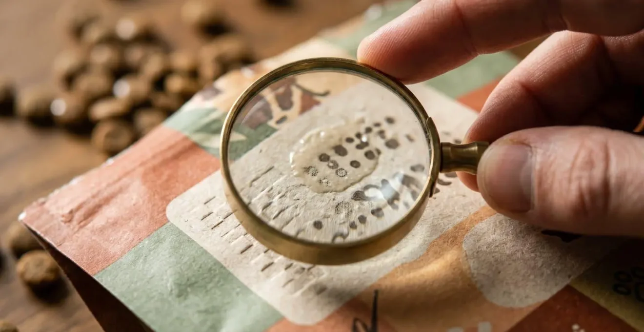 Gros plan sur une main analysant une liste d'ingrédients sur un paquet de croquettes avec loupe