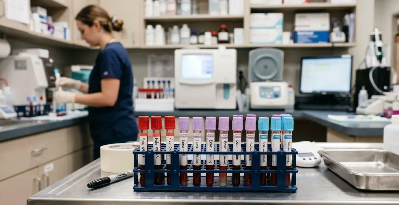Tubes de prélèvement sanguin dans un laboratoire vétérinaire avec équipement médical en arrière-plan flou