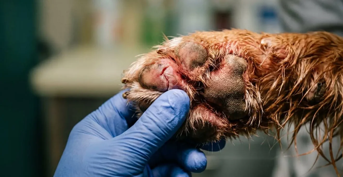 Examen vétérinaire détaillé des pattes d'un chien souffrant de léchage compulsif