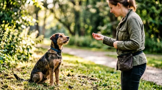 Propriétaire et chien de sauvetage en interaction positive lors d'une séance d'éducation en plein air