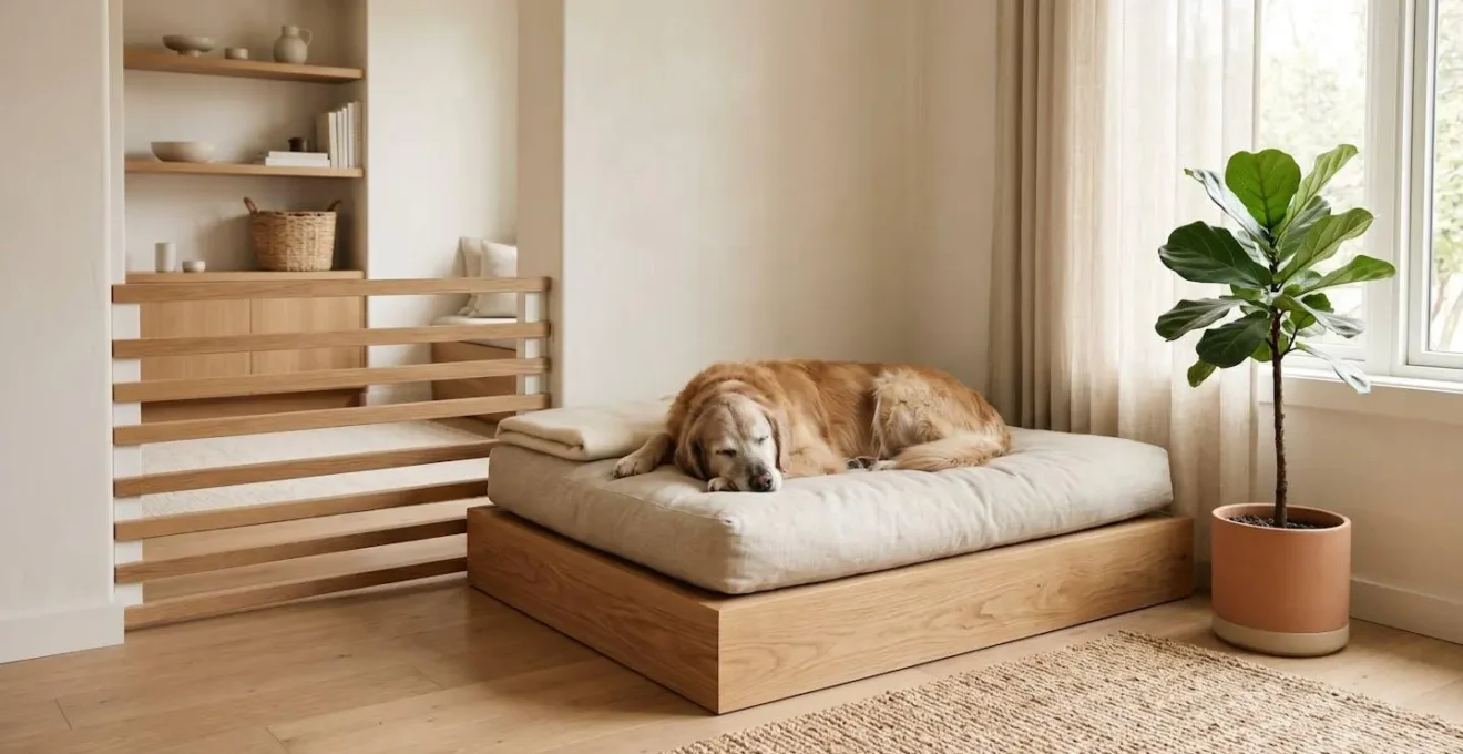 Un coin confortable surélevé dans un salon avec un chien senior se reposant sur un coussin orthopédique, protégé par une barrière basse décorative