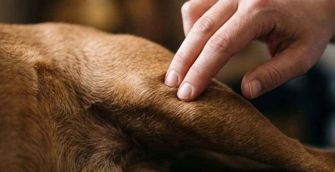 Mains vérifiant délicatement le pouls fémoral d'un chien allongé sur le côté