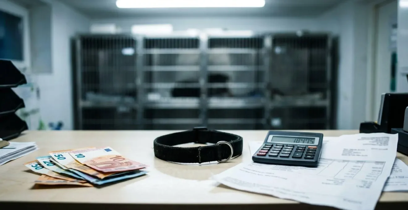 Bureau administratif de fourrière animale avec documents et calculatrice affichant des montants