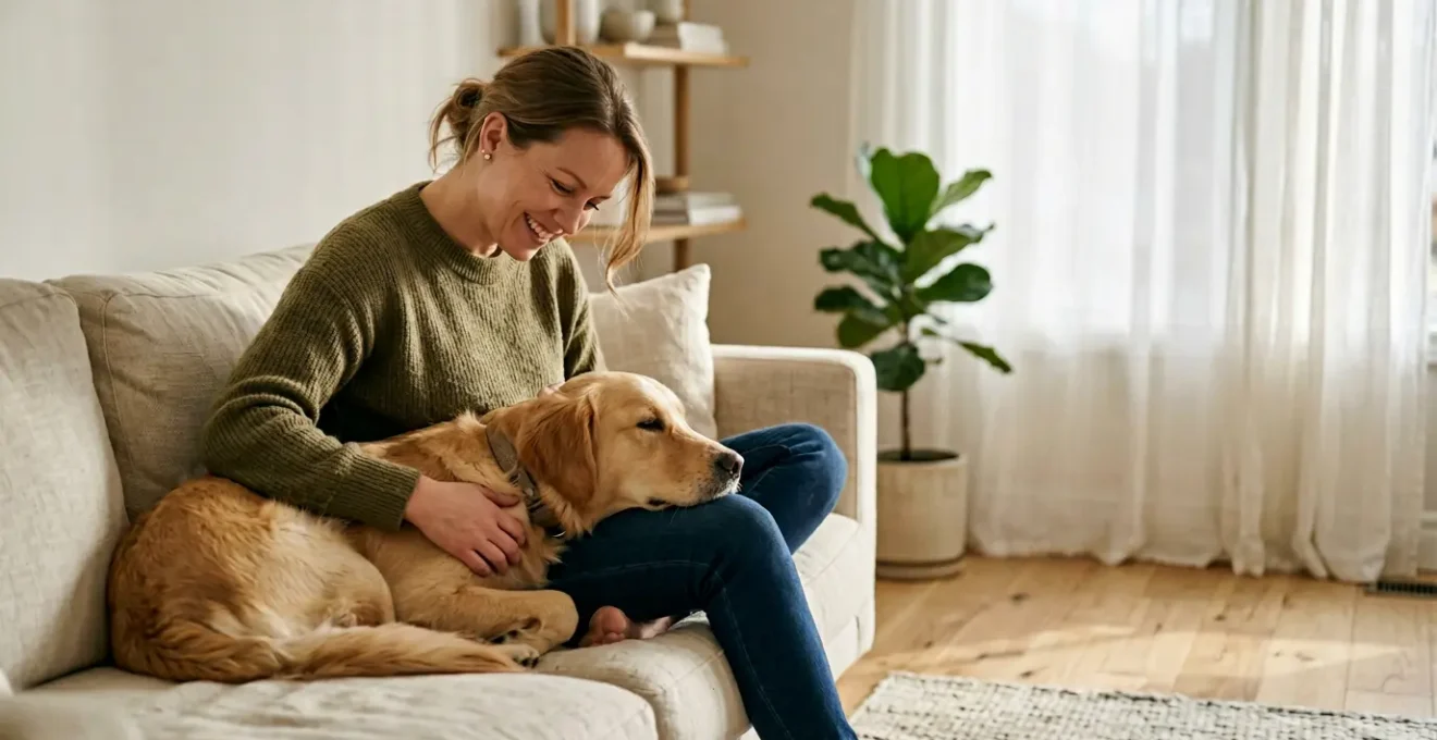 Scène chaleureuse montrant une personne en posture détendue partageant un moment paisible avec un animal de compagnie dans un intérieur lumineux