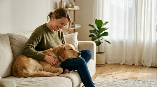 Scène chaleureuse montrant une personne en posture détendue partageant un moment paisible avec un animal de compagnie dans un intérieur lumineux