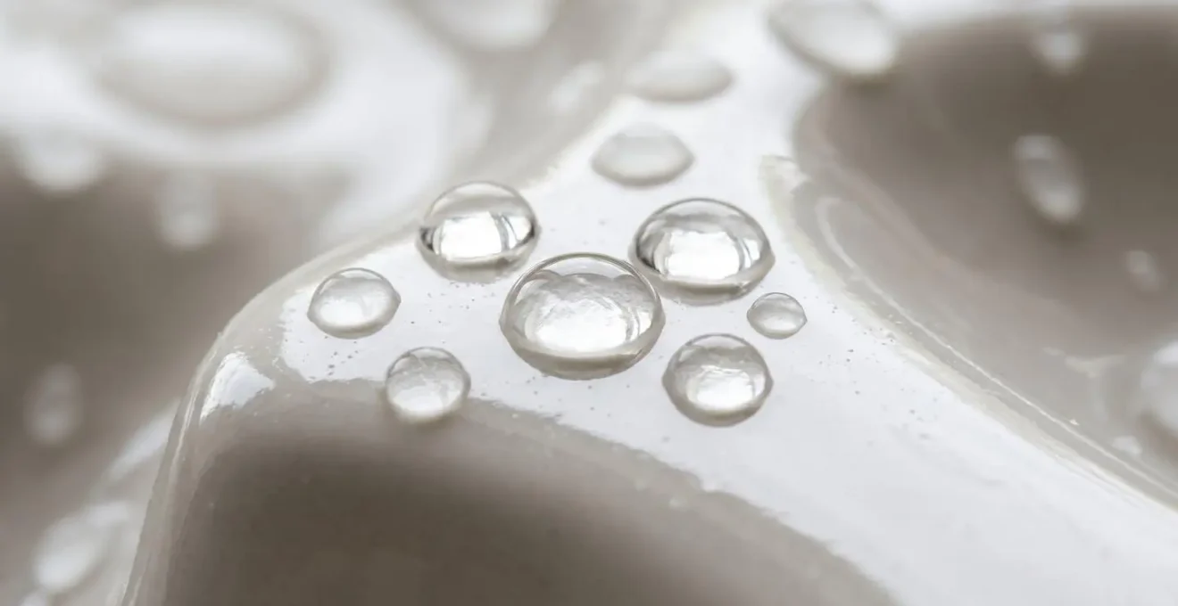 Détail macro de la surface céramique d'une fontaine à eau avec des gouttelettes cristallines