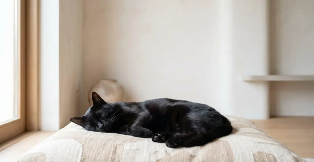 Chat noir endormi avec démonstration visuelle subtile de la respiration visible sur son flanc
