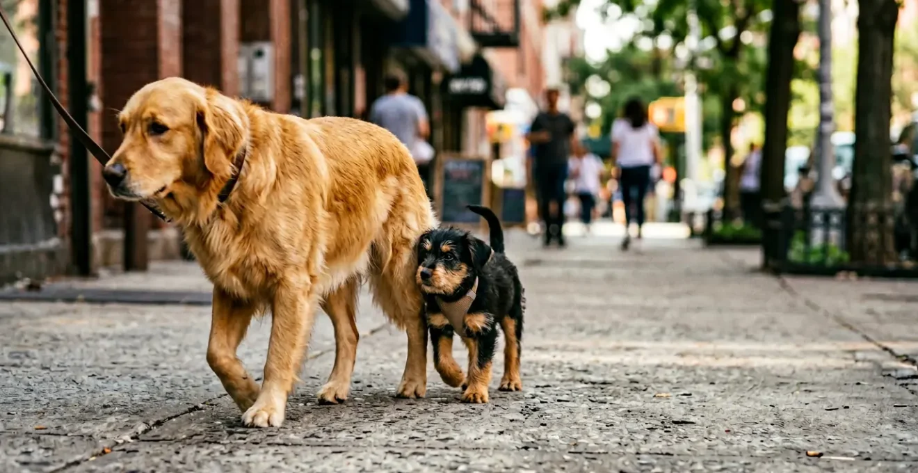 Chien adulte confiant guidant un chiot craintif dans une rue urbaine avec éléments d'environnement progressifs