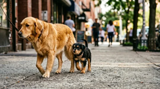 Chien adulte confiant guidant un chiot craintif dans une rue urbaine avec éléments d'environnement progressifs