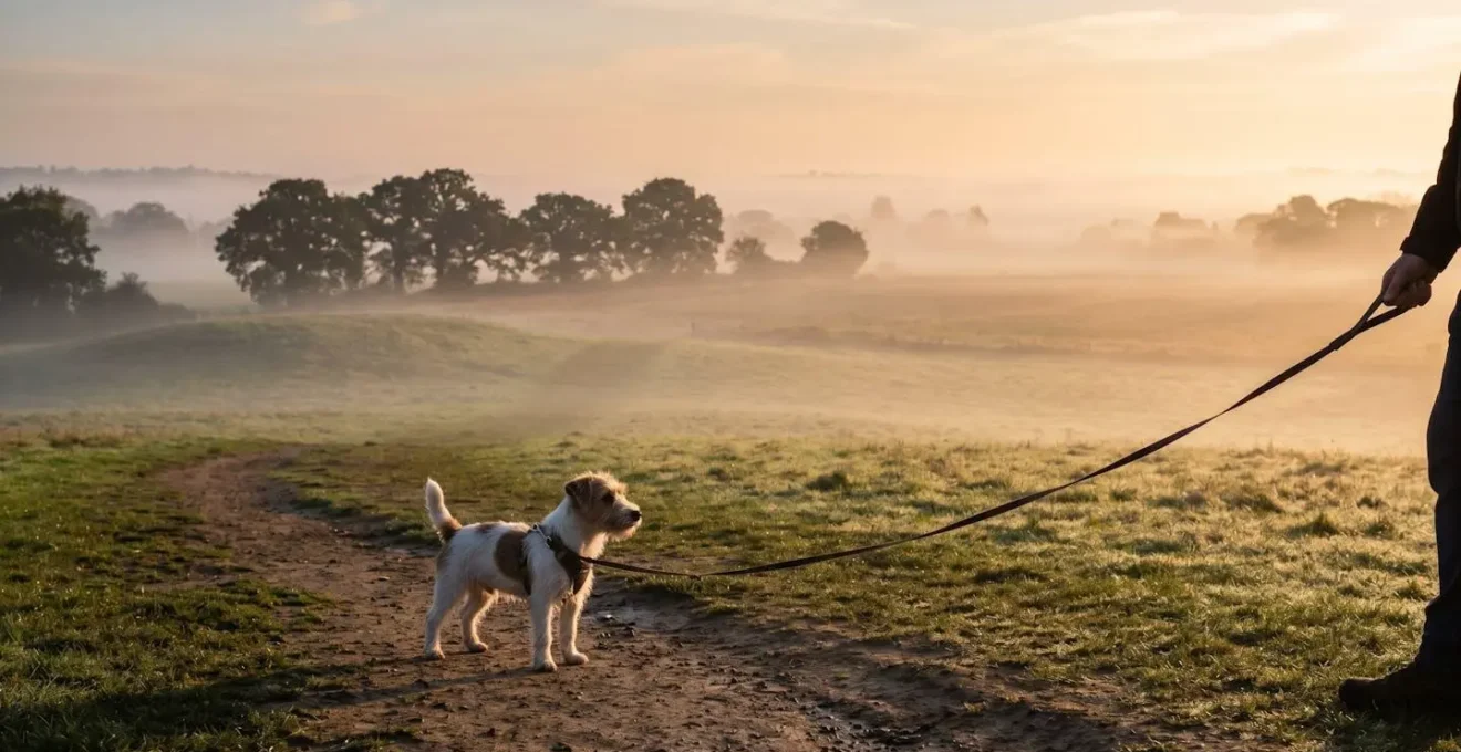 Chiot calme profitant d'un entraînement matinal dans la lumière douce de l'aube, symbolisant un environnement sans distractions.