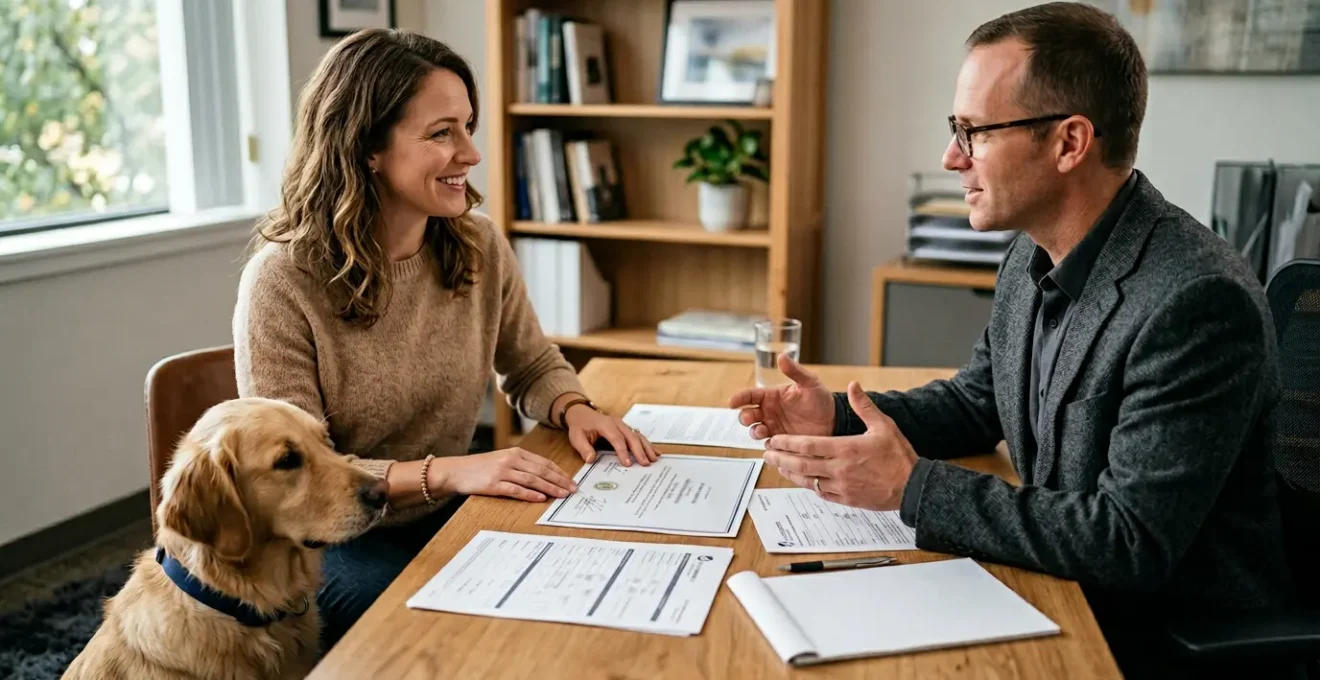Proprietaire discutant avec conseiller assurance, documents certificats canins sur bureau, environnement bureau lumineux professionnel