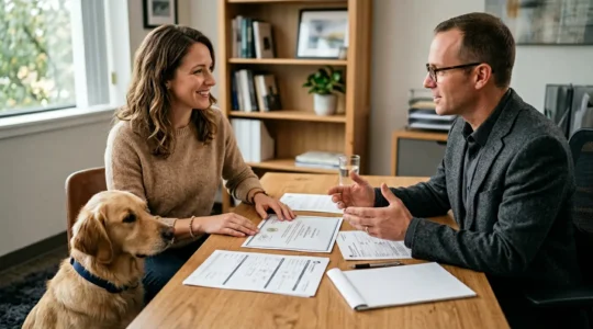 Proprietaire discutant avec conseiller assurance, documents certificats canins sur bureau, environnement bureau lumineux professionnel