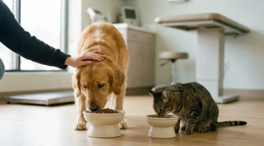 Chat et chien en bonne santé mangeant dans des gamelles premium avec arrière-plan flou d'un cabinet vétérinaire