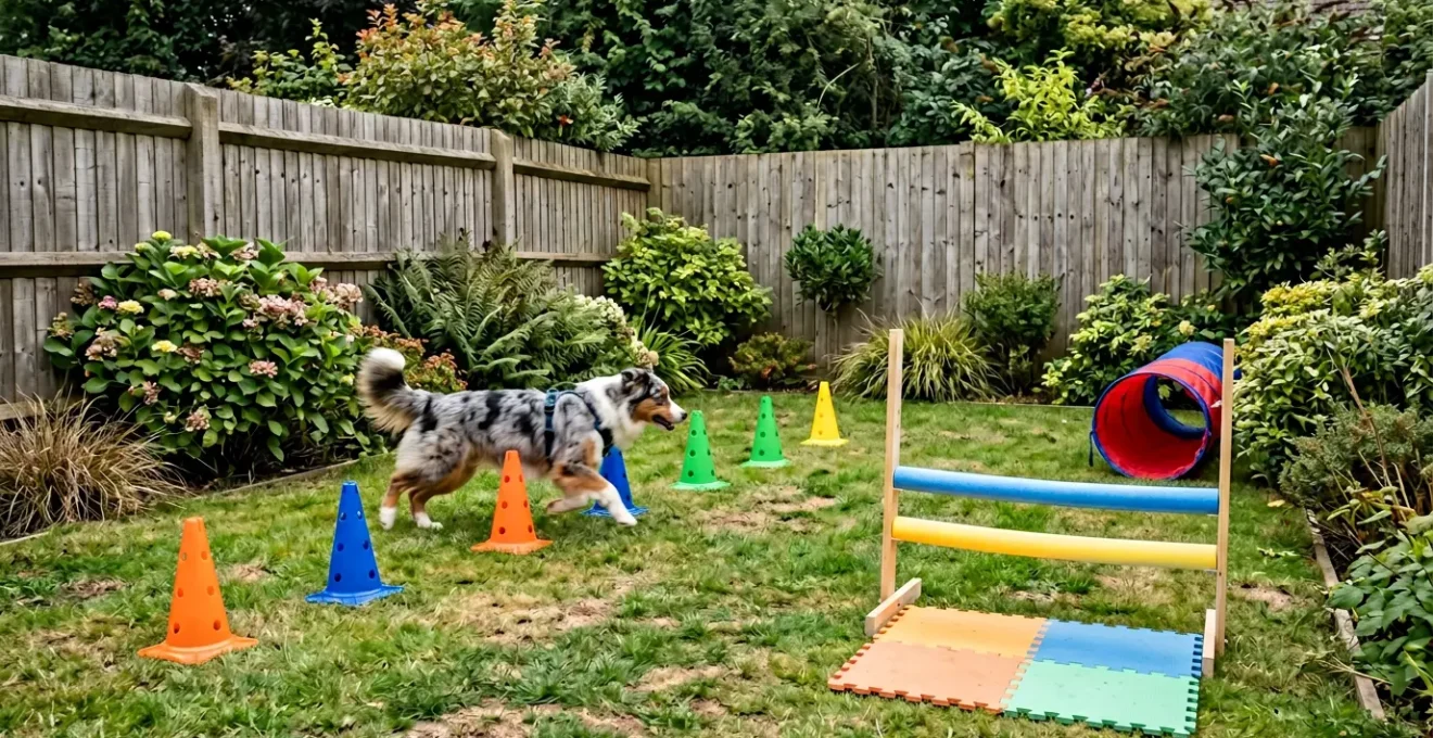 Berger australien franchissant un obstacle d'agilité dans un jardin aménagé avec cônes souples et zones d'atterrissage sécurisées