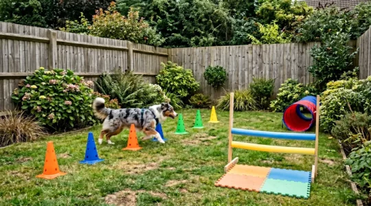 Berger australien franchissant un obstacle d'agilité dans un jardin aménagé avec cônes souples et zones d'atterrissage sécurisées
