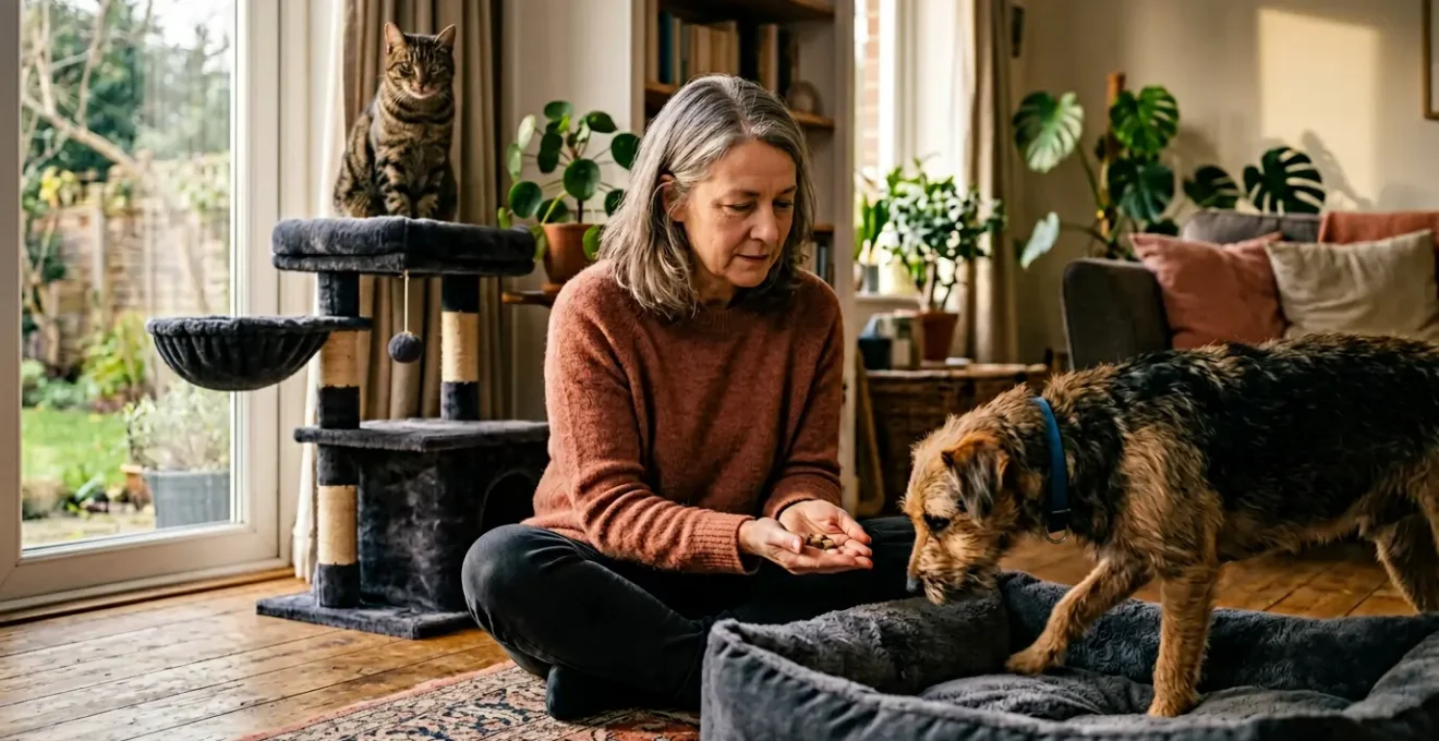 Nouveau chien et chat dans un foyer chaleureux les premiers jours après adoption