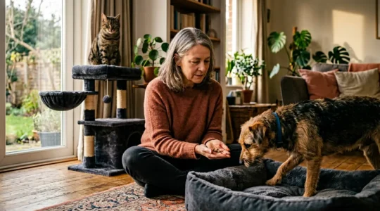 Nouveau chien et chat dans un foyer chaleureux les premiers jours après adoption