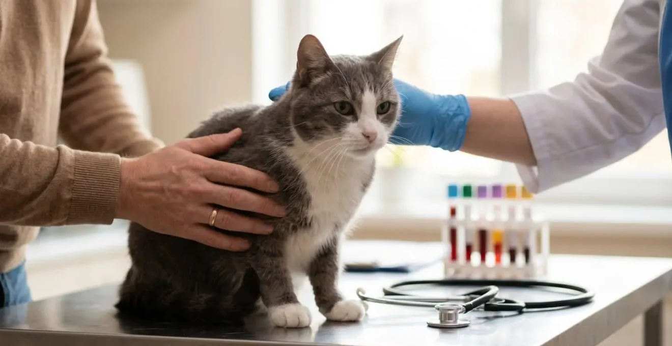 Chat âgé paisible lors d'un examen vétérinaire préventif avec propriétaire attentif