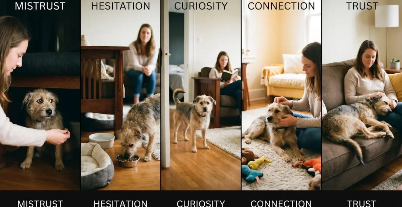 Chien progressant de la méfiance à la confiance dans son nouveau foyer